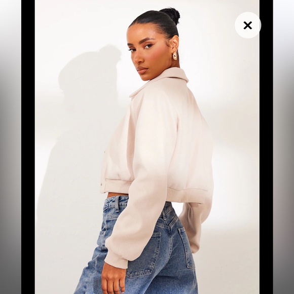 NWT Stone Beige Shoulder Padded Wool Look Cropped Bomber Jacket - Picture 4 of 11